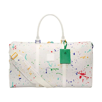 White Splash Print Duffle Bag, Leather Tag Adjustable Detachable Strap