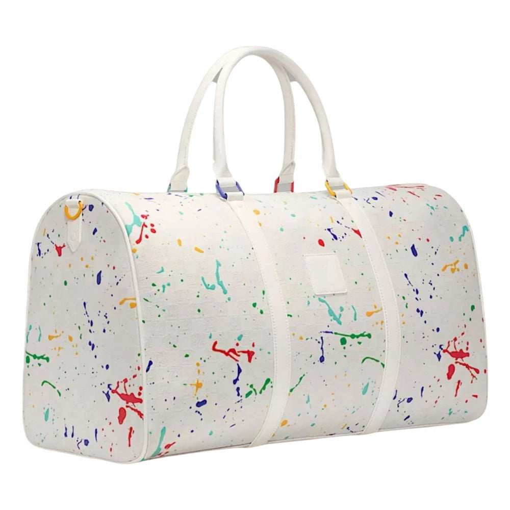 White Splash Print Duffle Bag, Leather Tag Adjustable Detachable Strap