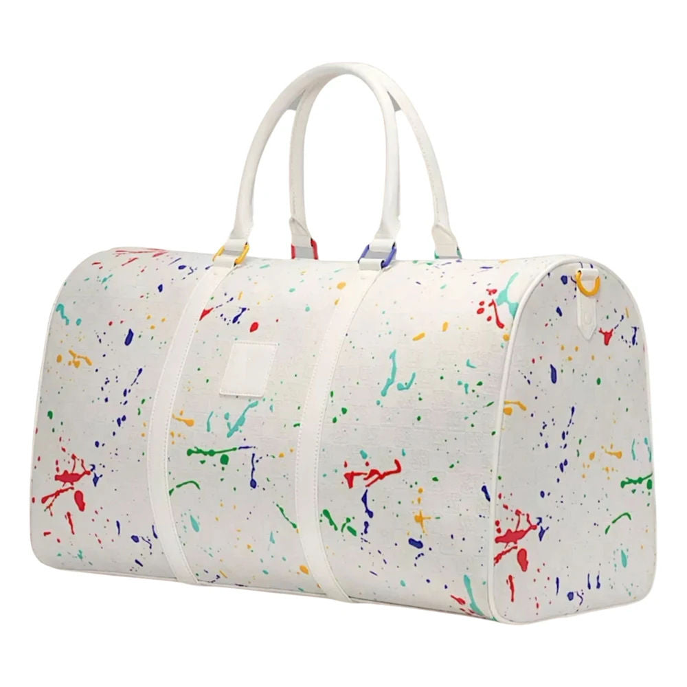White Splash Print Duffle Bag, Leather Tag Adjustable Detachable Strap