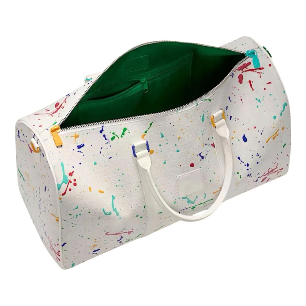 White Splash Print Duffle Bag, Leather Tag Adjustable Detachable Strap