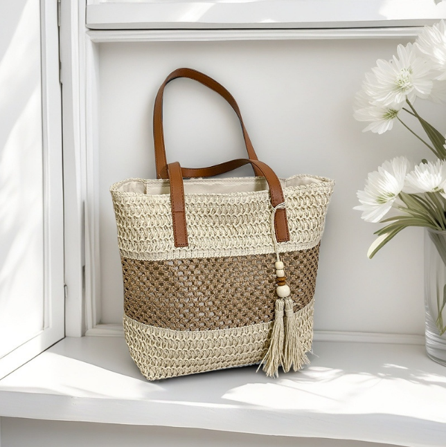 Woven Tote Bag with Shoulder Handles & Tassel Charm, Open Top Summer Vacation Bag