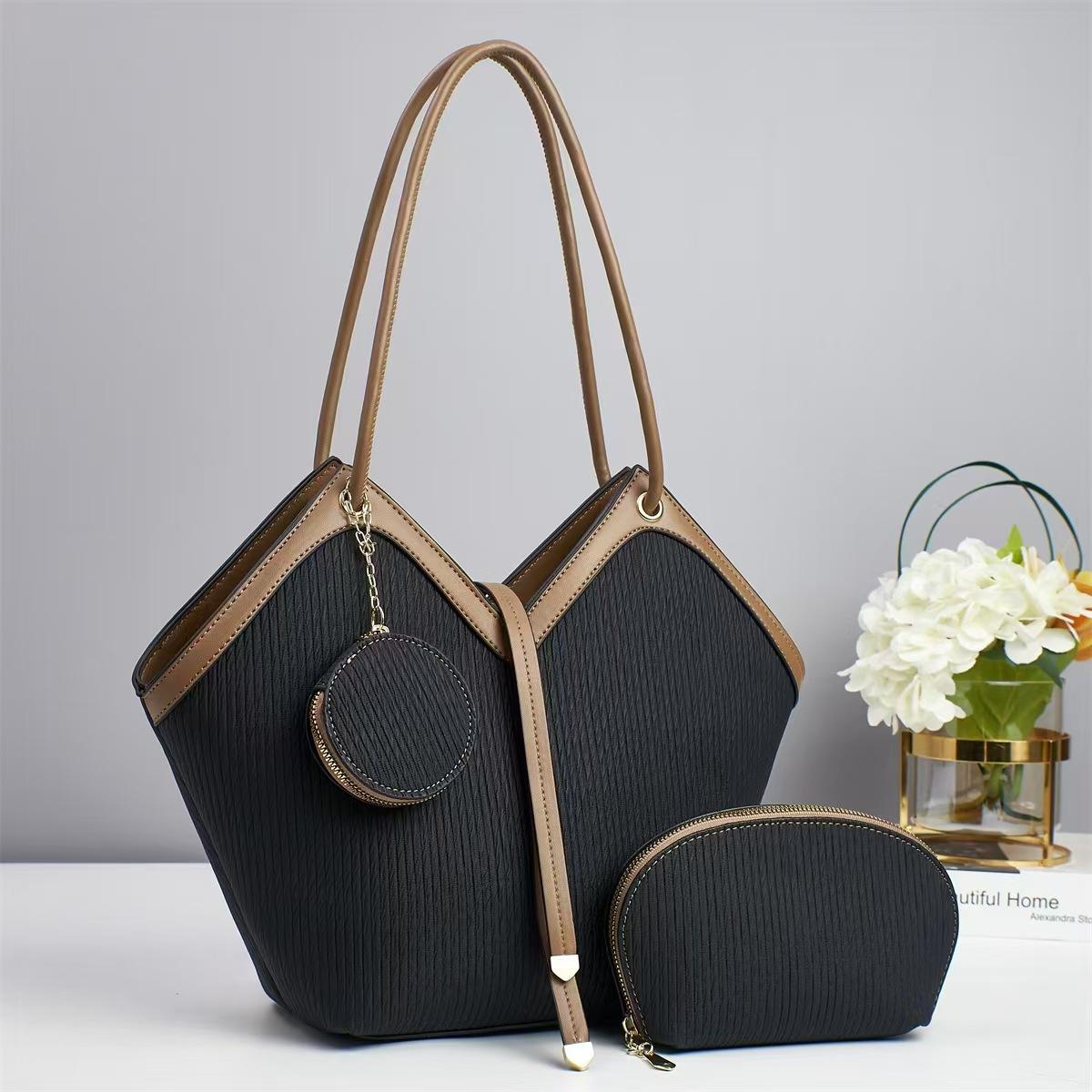 Vertical Stripe Bucket Tote with Contrast Leather Trim & Matching Mini Bag Set