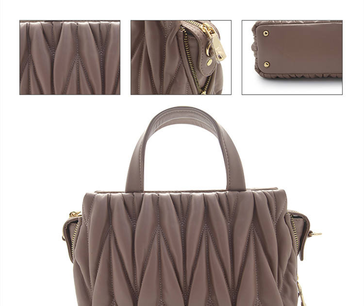 Mauve Taupe Ruched Mini Tote, Leather Handles D-Ring Crossbody Hardware