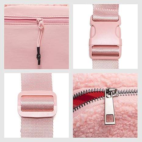 Cozy Blush Sherpa Crossbody Fanny Bag, Leather Zipper Details Adjustable Waist Strap for Daily Outdoor