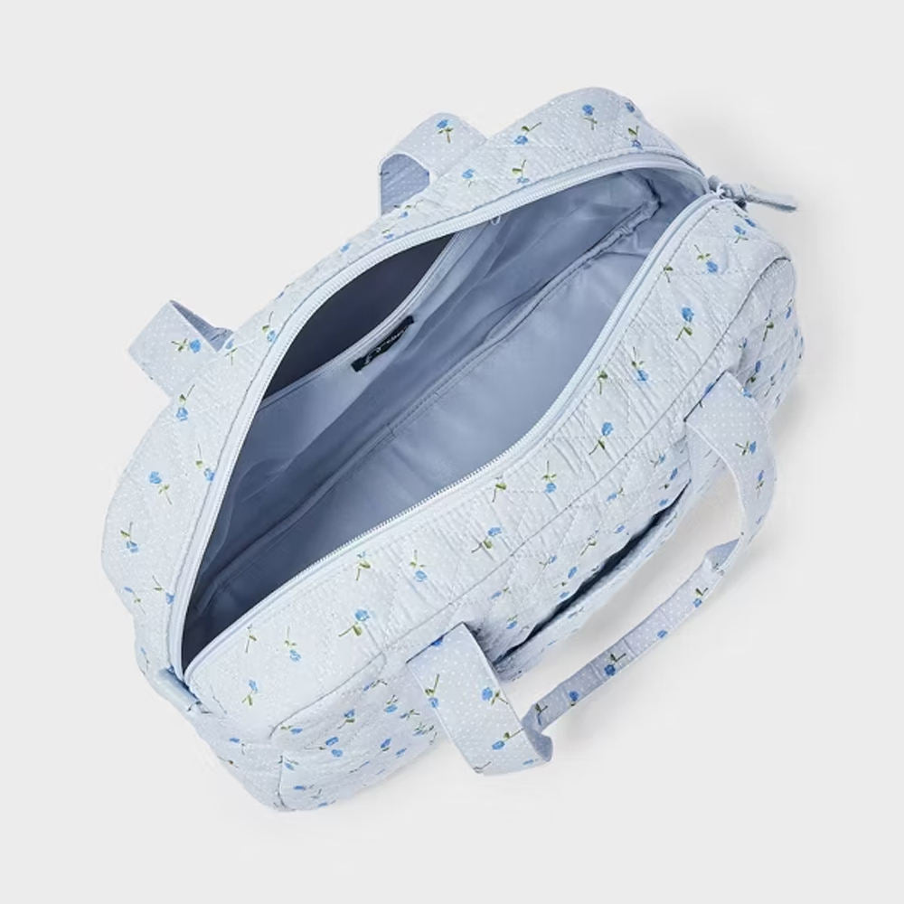 Quilted Ditsy Floral Weekender Bag, Light Blue Leather Zipper Dual Straps