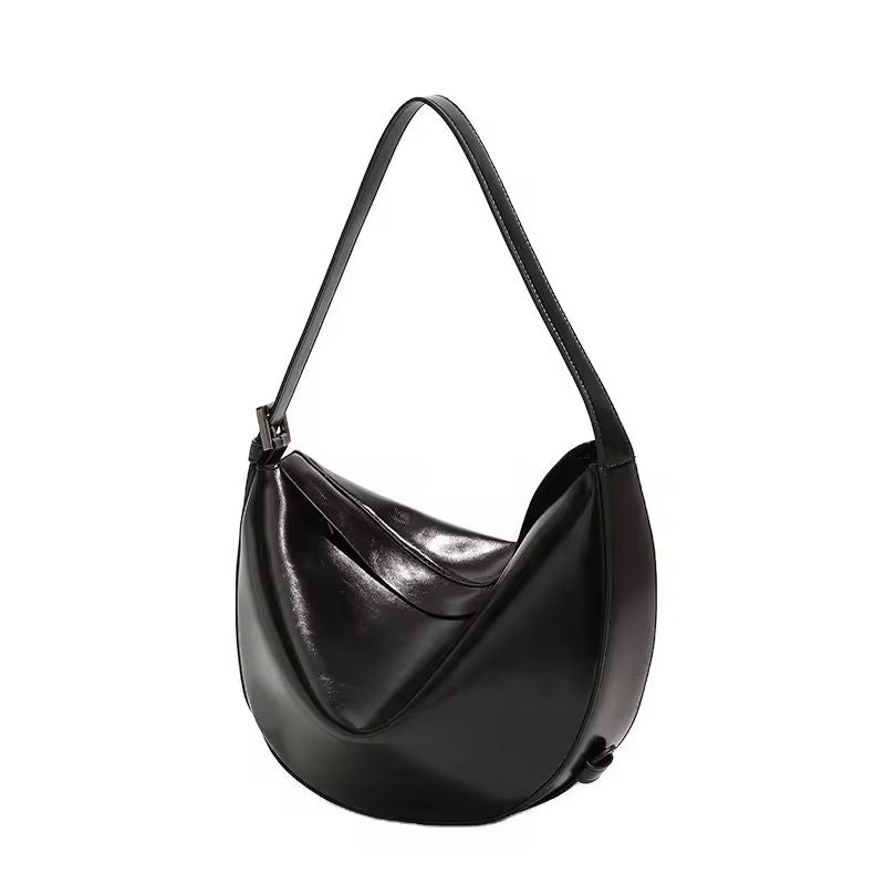 Vintage Slouchy Leather Crescent Shoulder Bag, Metallic Silver Ivory Black with Adjustable Cross Strap