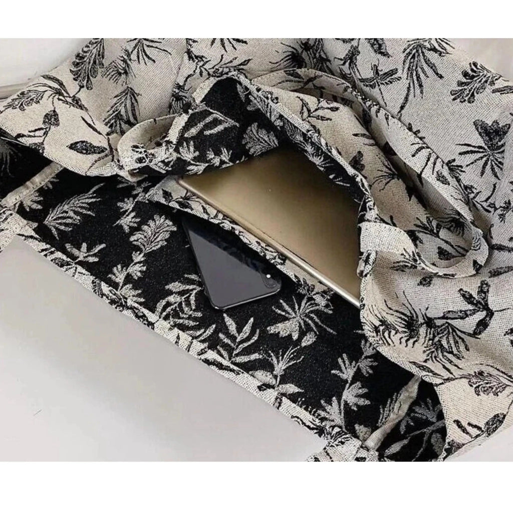 Black & Beige Botanical Print Tote Bag , Oversized Open Top Shoulder Daily Bag