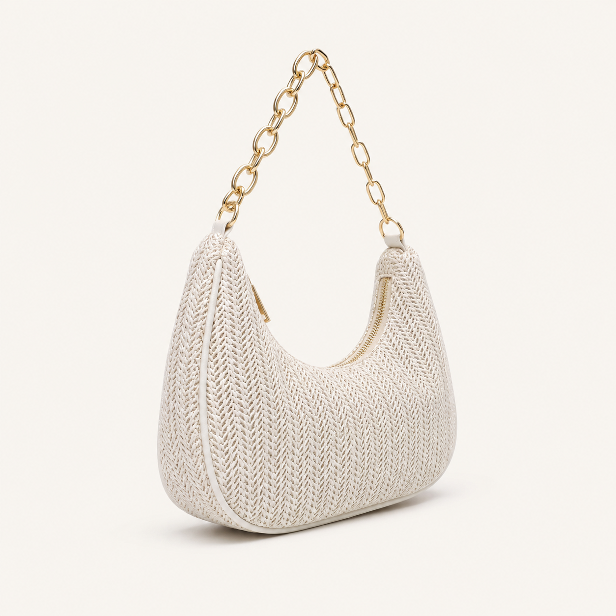 Off White Chevron Woven Crescent Hobo Bag , Chunky Gold Chain Underarm Shoulder Bag