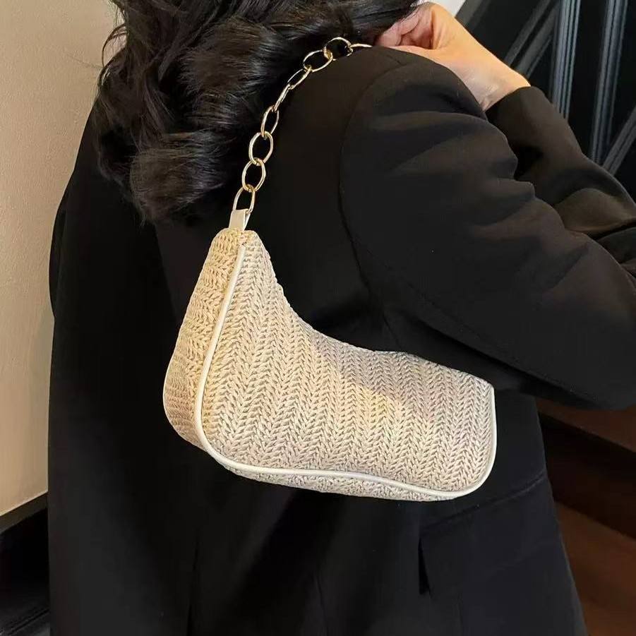Off White Chevron Woven Crescent Hobo Bag , Chunky Gold Chain Underarm Shoulder Bag