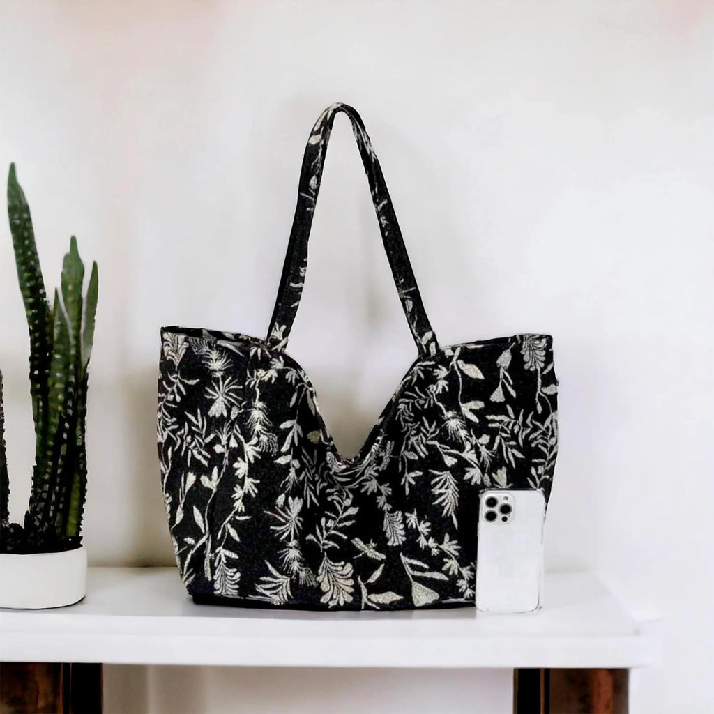 Black & Beige Botanical Print Tote Bag , Oversized Open Top Shoulder Daily Bag