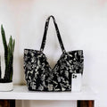 Black & Beige Botanical Print Tote Bag , Oversized Open Top Shoulder Daily Bag