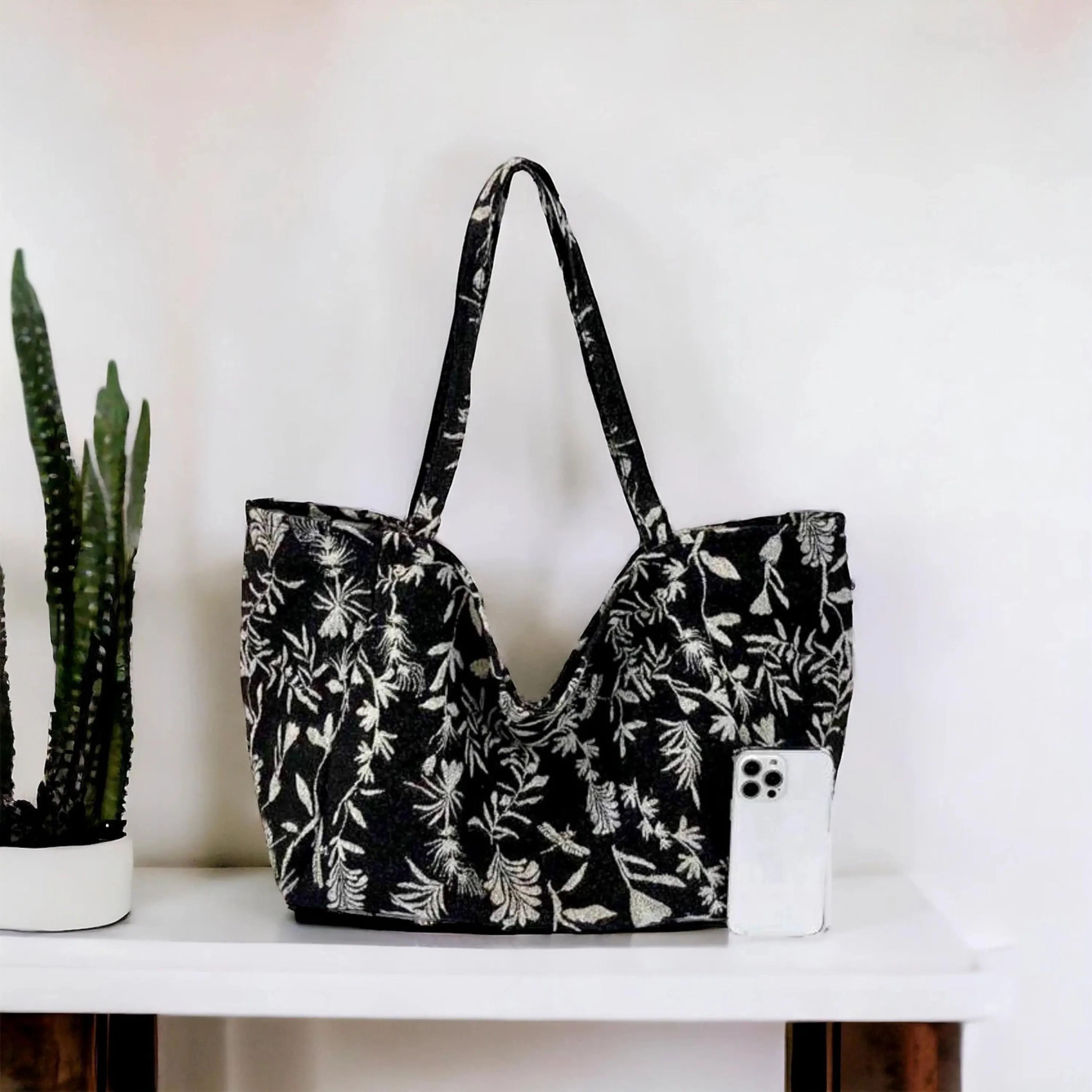 Black & Beige Botanical Print Tote Bag , Oversized Open Top Shoulder Daily Bag