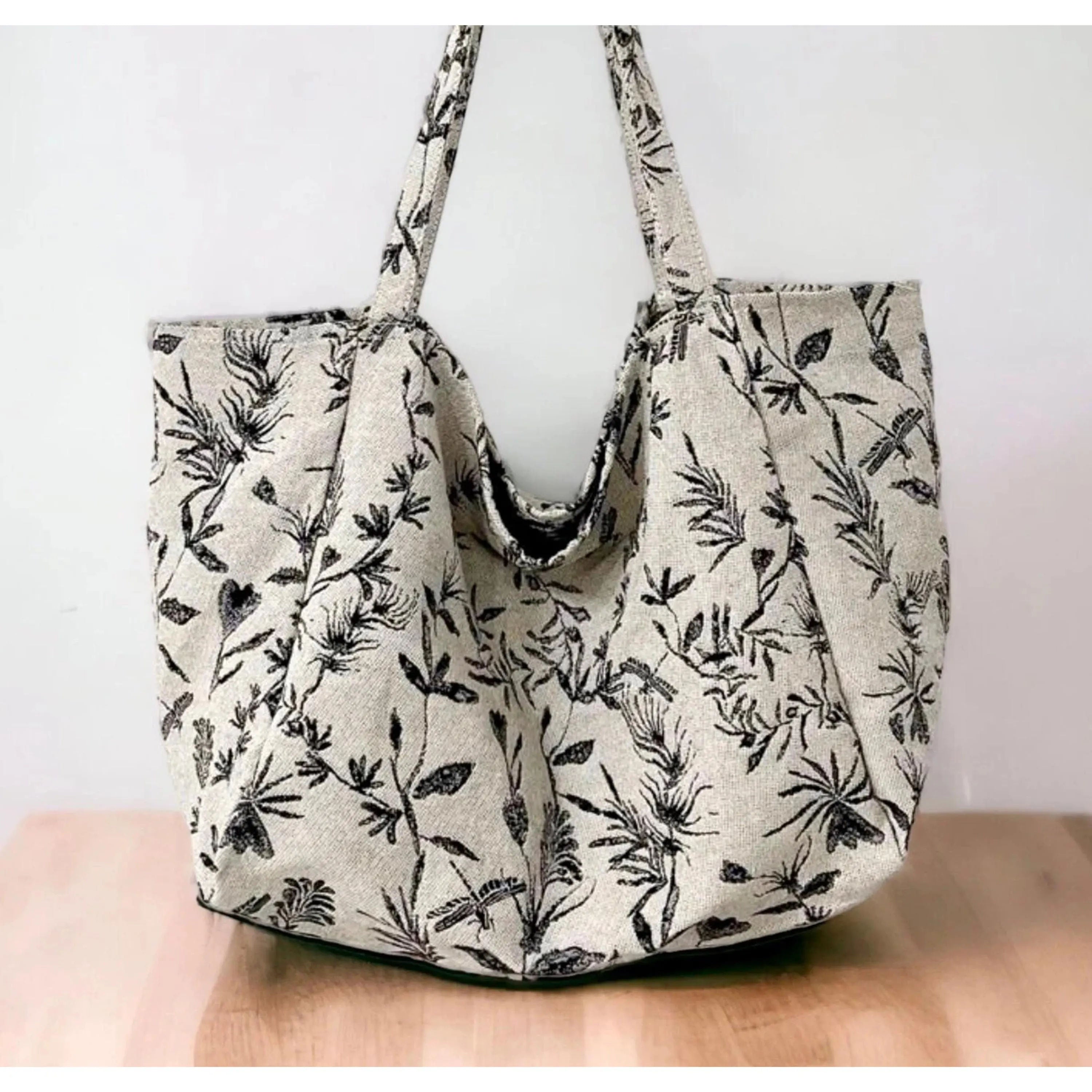 Black & Beige Botanical Print Tote Bag , Oversized Open Top Shoulder Daily Bag