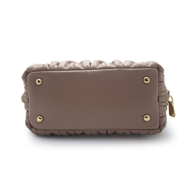 Mauve Taupe Ruched Mini Tote, Leather Handles D-Ring Crossbody Hardware