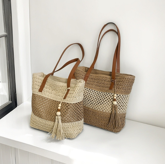 Woven Tote Bag with Shoulder Handles & Tassel Charm, Open Top Summer Vacation Bag