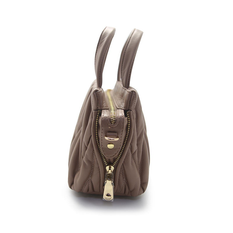 Mauve Taupe Ruched Mini Tote, Leather Handles D-Ring Crossbody Hardware