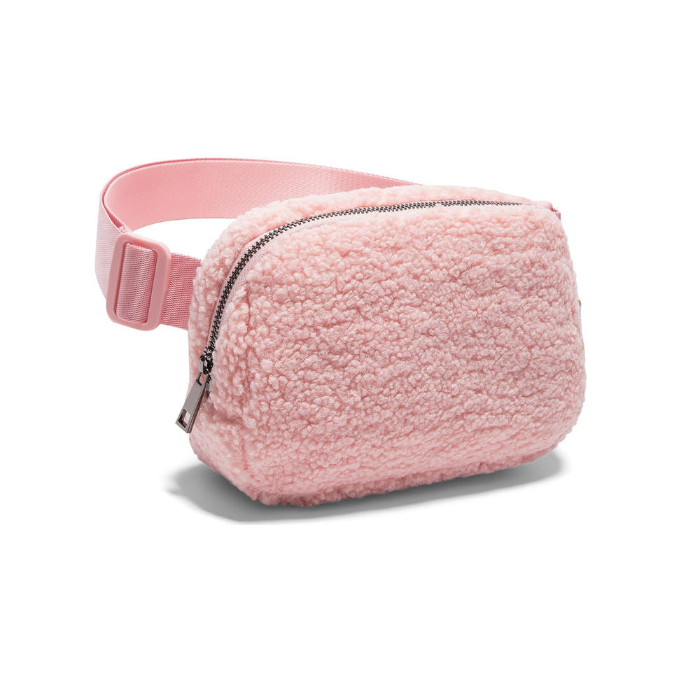 Cozy Blush Sherpa Crossbody Fanny Bag, Leather Zipper Details Adjustable Waist Strap for Daily Outdoor
