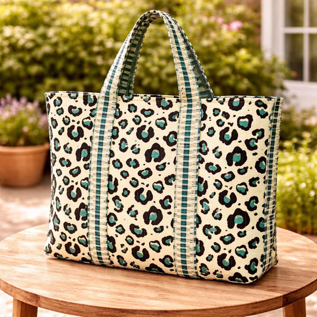 Multi-Pattern Quilted Large Tote Bag, Striped Fabric Shoulder Handles & Zipper Closure