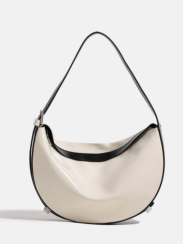 Vintage Slouchy Leather Crescent Shoulder Bag, Metallic Silver Ivory Black with Adjustable Cross Strap