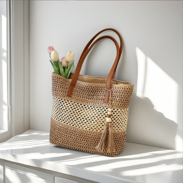 Woven Tote Bag with Shoulder Handles & Tassel Charm, Open Top Summer Vacation Bag