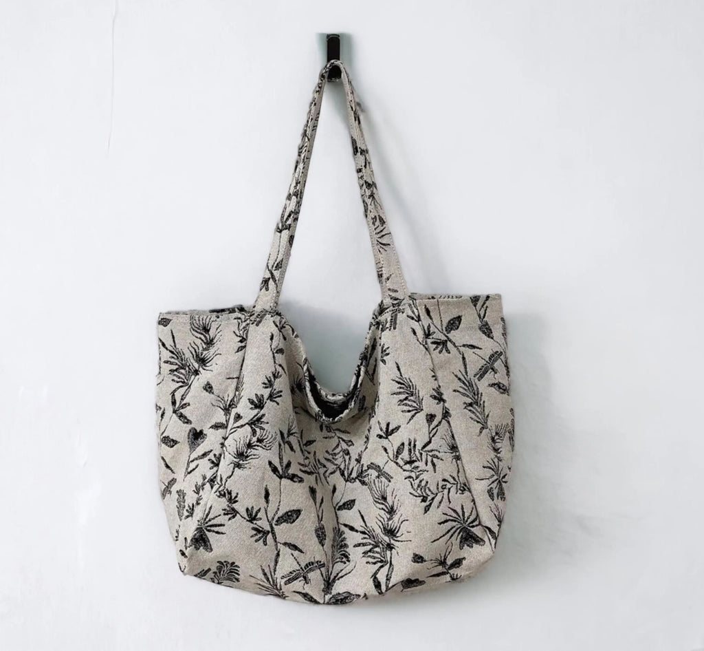 Black & Beige Botanical Print Tote Bag , Oversized Open Top Shoulder Daily Bag