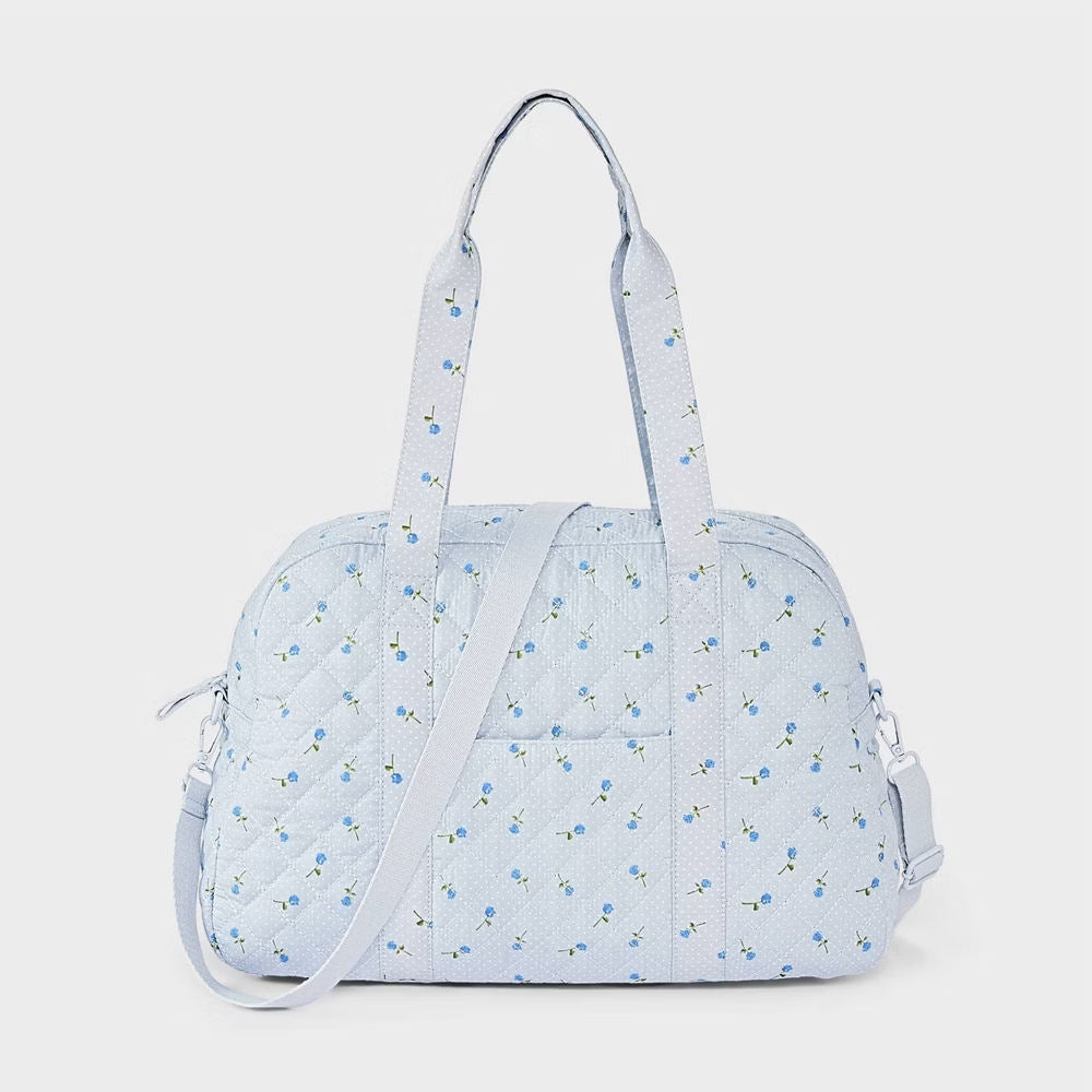 Quilted Ditsy Floral Weekender Bag, Light Blue Leather Zipper Dual Straps