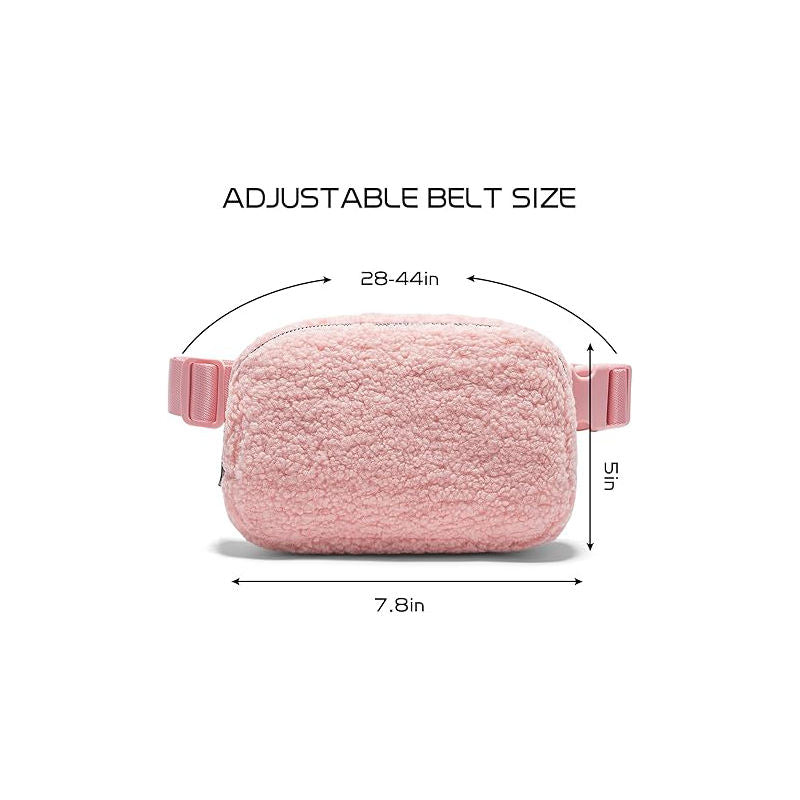 Cozy Blush Sherpa Crossbody Fanny Bag, Leather Zipper Details Adjustable Waist Strap for Daily Outdoor