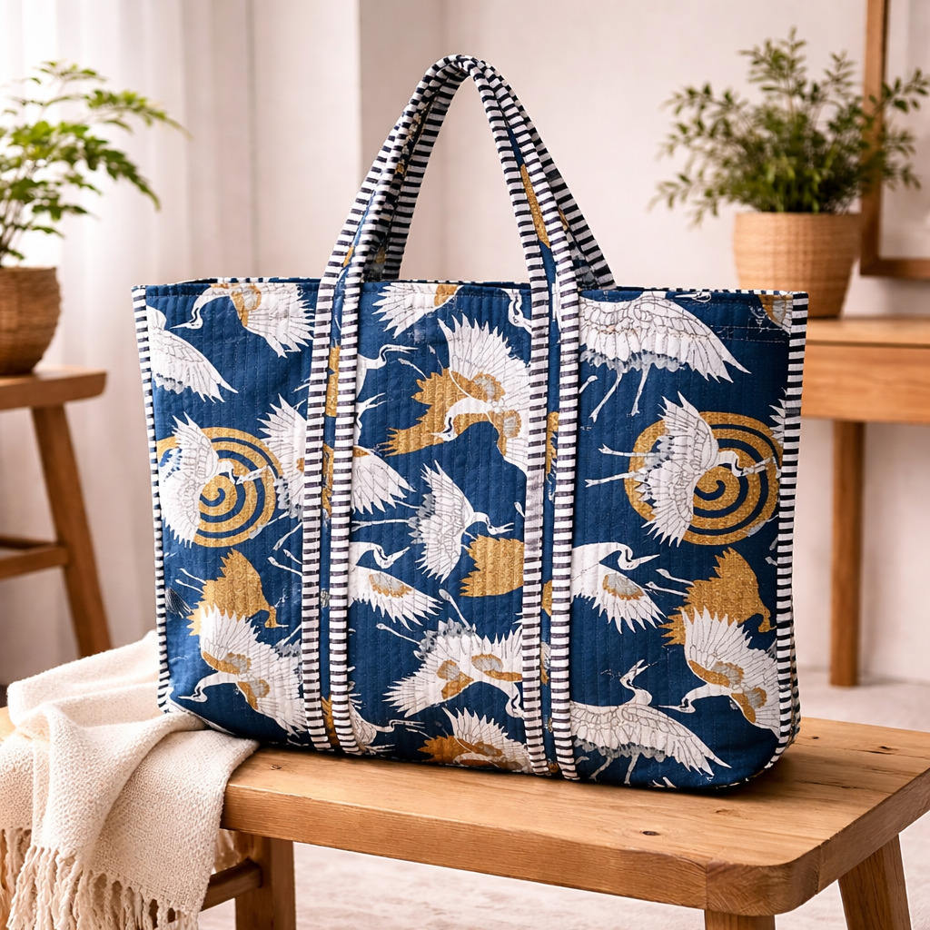 Multi-Pattern Quilted Large Tote Bag, Striped Fabric Shoulder Handles & Zipper Closure