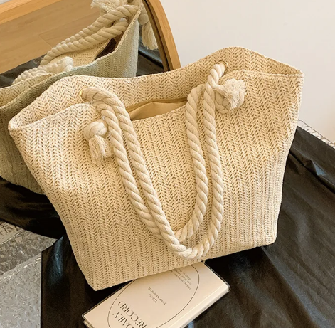 Natural Woven Tote Bag with Leather Inner Lining, Thick Rope Shoulder Strap Summer Beach Bag