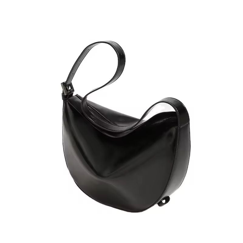 Vintage Slouchy Leather Crescent Shoulder Bag, Metallic Silver Ivory Black with Adjustable Cross Strap