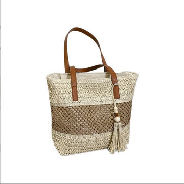 Woven Tote Bag with Shoulder Handles & Tassel Charm, Open Top Summer Vacation Bag