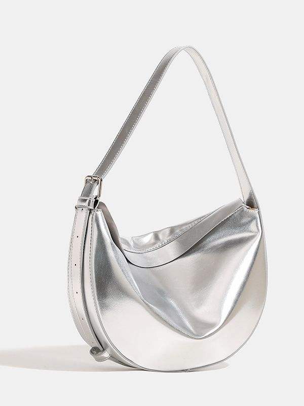 Vintage Slouchy Leather Crescent Shoulder Bag, Metallic Silver Ivory Black with Adjustable Cross Strap