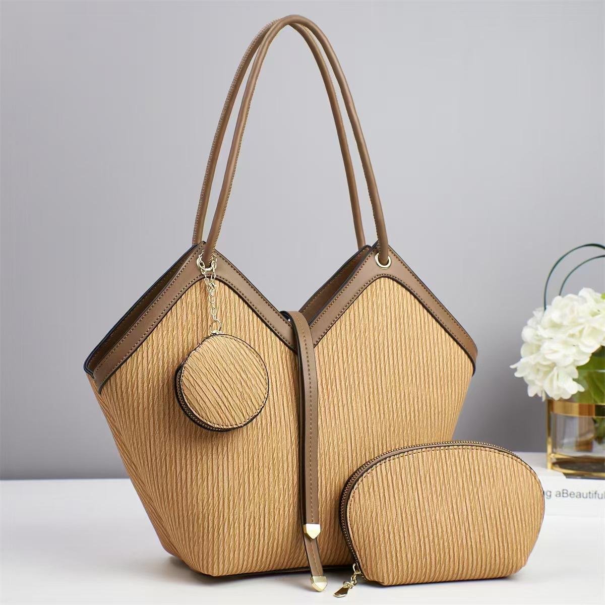 Vertical Stripe Bucket Tote with Contrast Leather Trim & Matching Mini Bag Set
