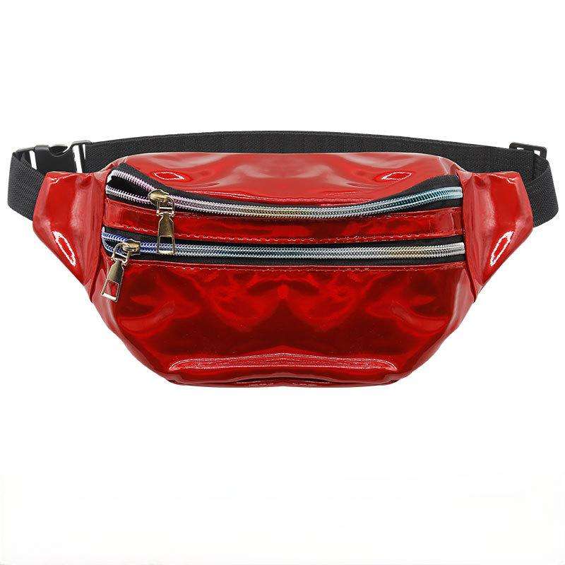Multi Iridescent Holographic Fanny Waist Bag, Leather Zipper Pulls Adjustable Black Strap Crossbody Belt Bag for Beach Party Daily Use