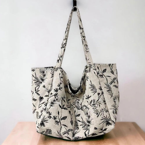 Black & Beige Botanical Print Tote Bag , Oversized Open Top Shoulder Daily Bag