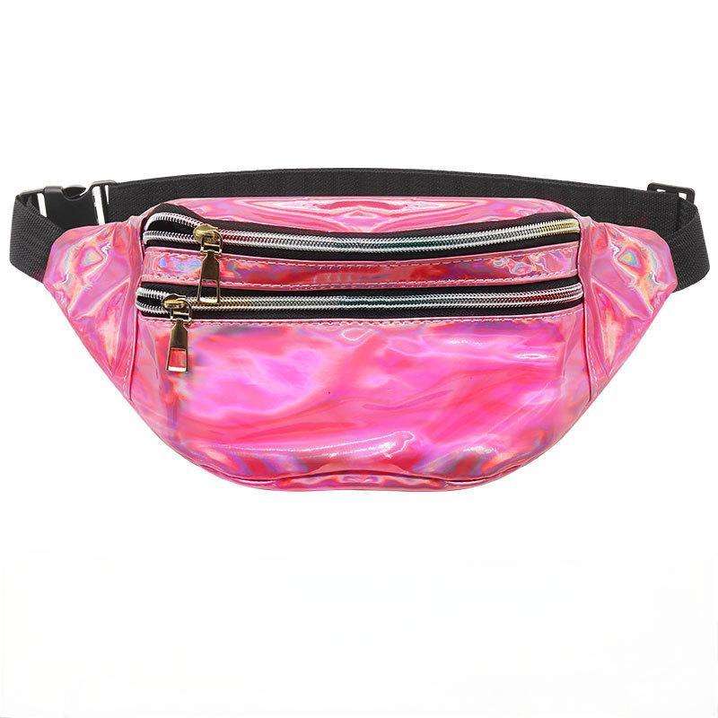 Multi Iridescent Holographic Fanny Waist Bag, Leather Zipper Pulls Adjustable Black Strap Crossbody Belt Bag for Beach Party Daily Use