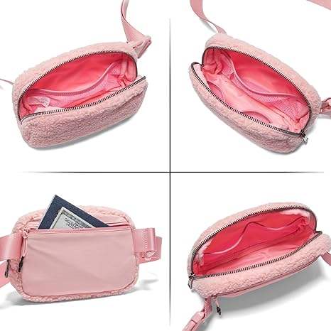 Cozy Blush Sherpa Crossbody Fanny Bag, Leather Zipper Details Adjustable Waist Strap for Daily Outdoor