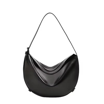 Vintage Slouchy Leather Crescent Shoulder Bag, Metallic Silver Ivory Black with Adjustable Cross Strap