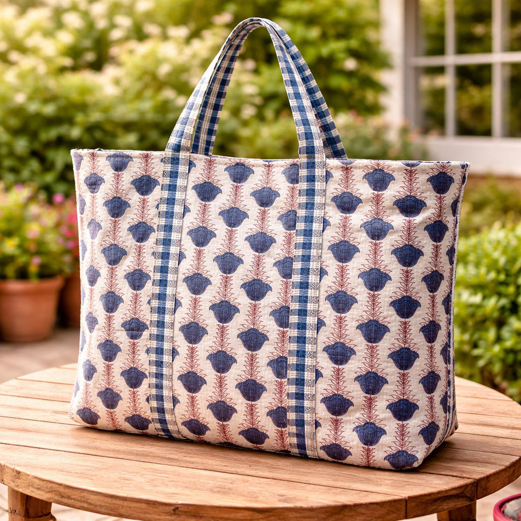 Multi-Pattern Quilted Large Tote Bag, Striped Fabric Shoulder Handles & Zipper Closure