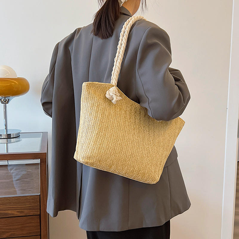 Natural Woven Tote Bag with Leather Inner Lining, Thick Rope Shoulder Strap Summer Beach Bag