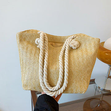 Natural Woven Tote Bag with Leather Inner Lining, Thick Rope Shoulder Strap Summer Beach Bag