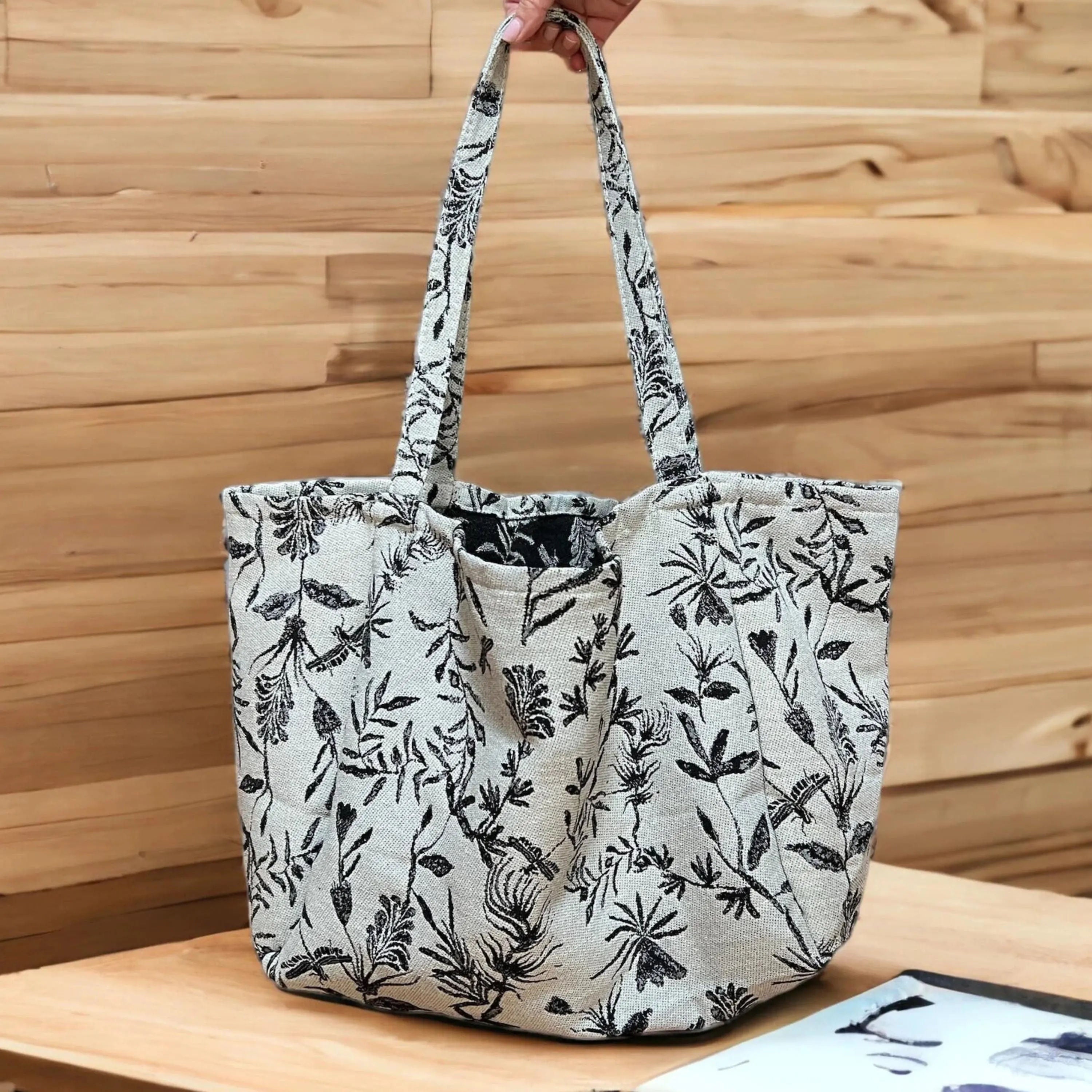 Black & Beige Botanical Print Tote Bag , Oversized Open Top Shoulder Daily Bag