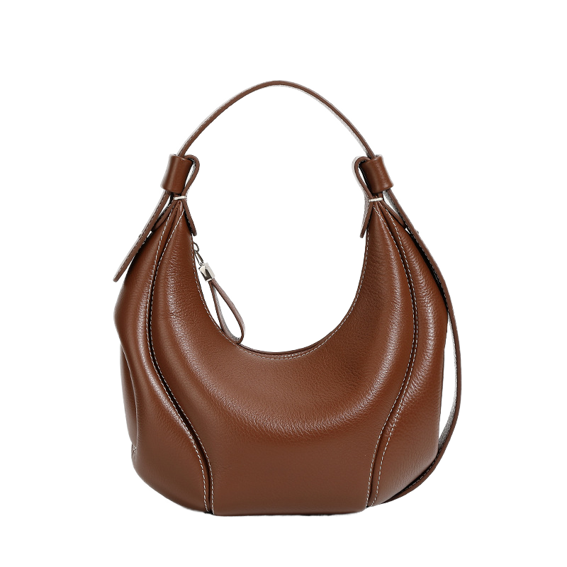 Tan Leather Curved Underarm Hobo Bag with Detachable Cross Strap