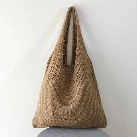 Knit Mesh Leather Lined Oversized Shoulder Tote Bag