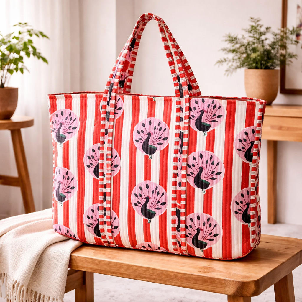Multi-Pattern Quilted Large Tote Bag, Striped Fabric Shoulder Handles & Zipper Closure