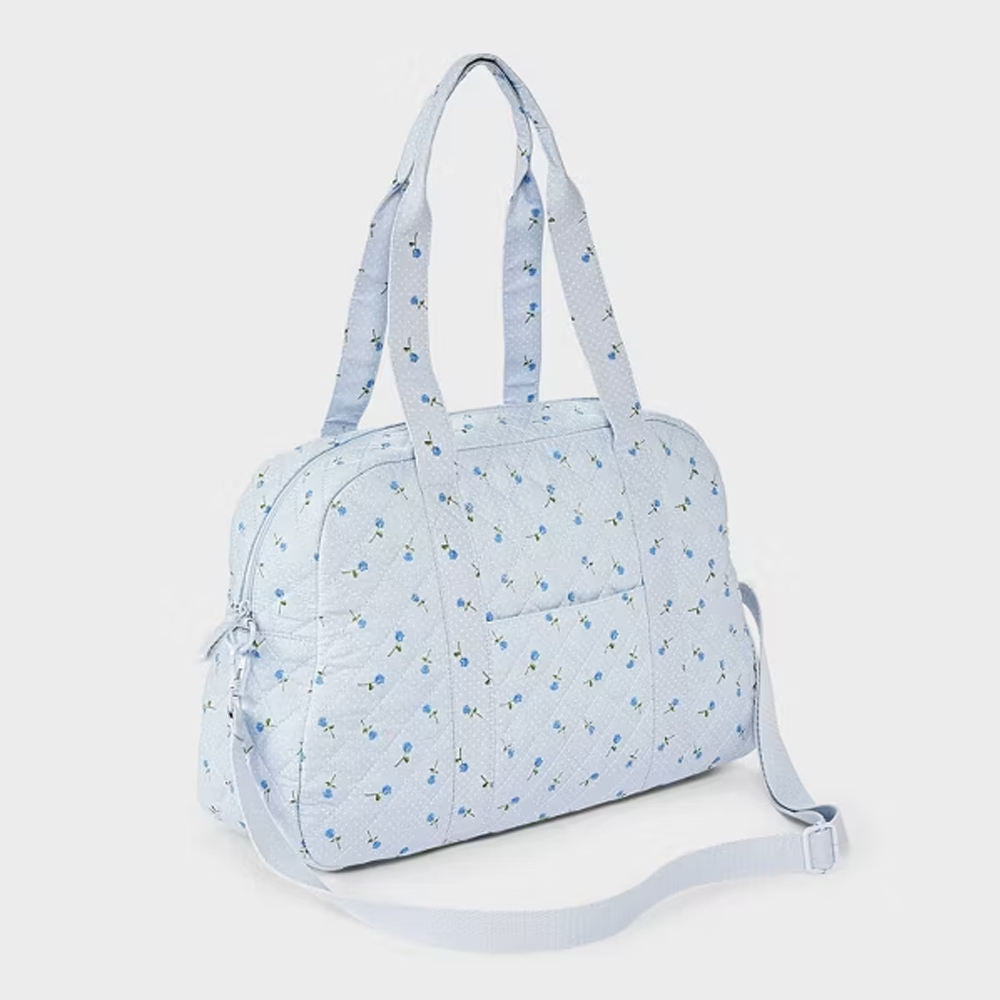 Quilted Ditsy Floral Weekender Bag, Light Blue Leather Zipper Dual Straps