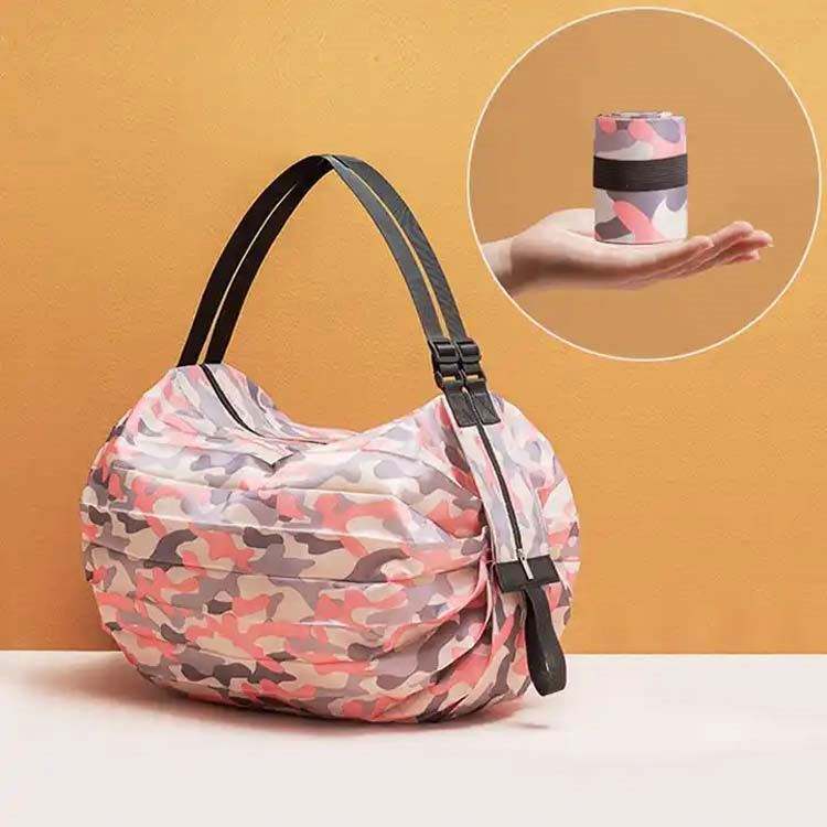 Solid Foldable Shoulder Bag with Zipper Tab, Compact Roll-Up Travel Grocery Carryall Bag