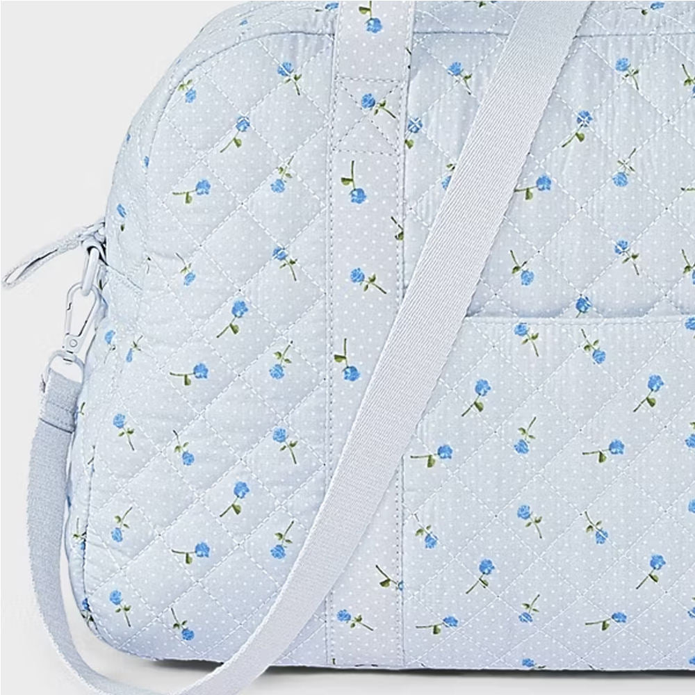 Quilted Ditsy Floral Weekender Bag, Light Blue Leather Zipper Dual Straps