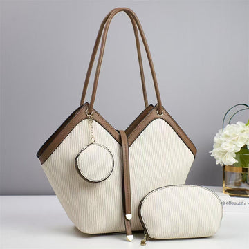 Vertical Stripe Bucket Tote with Contrast Leather Trim & Matching Mini Bag Set