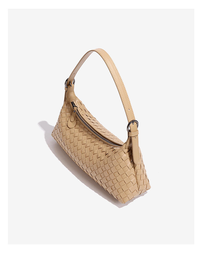 Multi Pastel Woven Baguette Shoulder Bag, Adjustable Slim Leather Strap Minimalist Crescent Underarm Hobo Bag